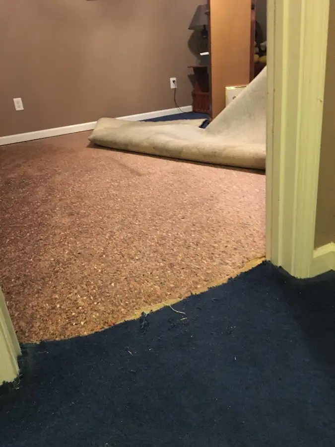 Carpet pad removal revealing water damage during Drying & Dehumidification in Rye Brook